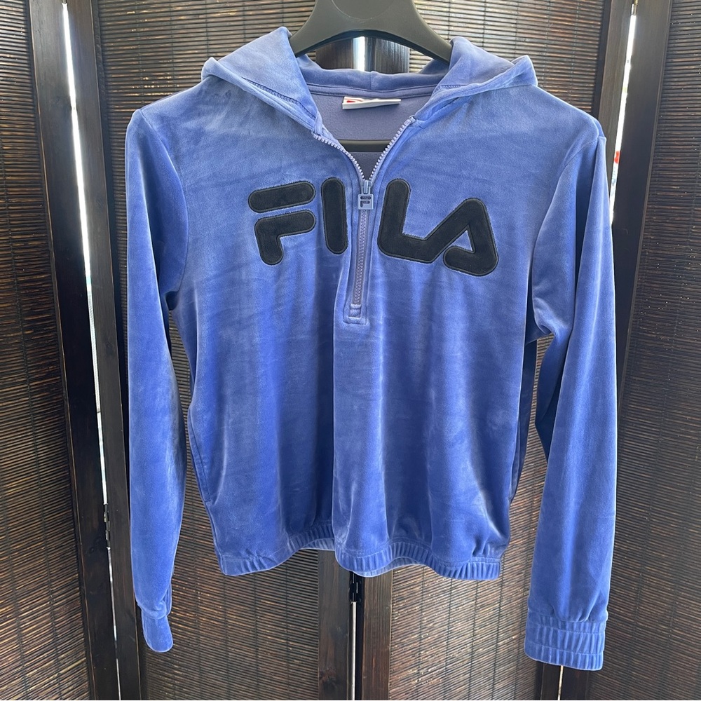 Fila Velour Half Zip Cropped Hoodie Blue Black Felt Spellout Logo Womens Size Sm